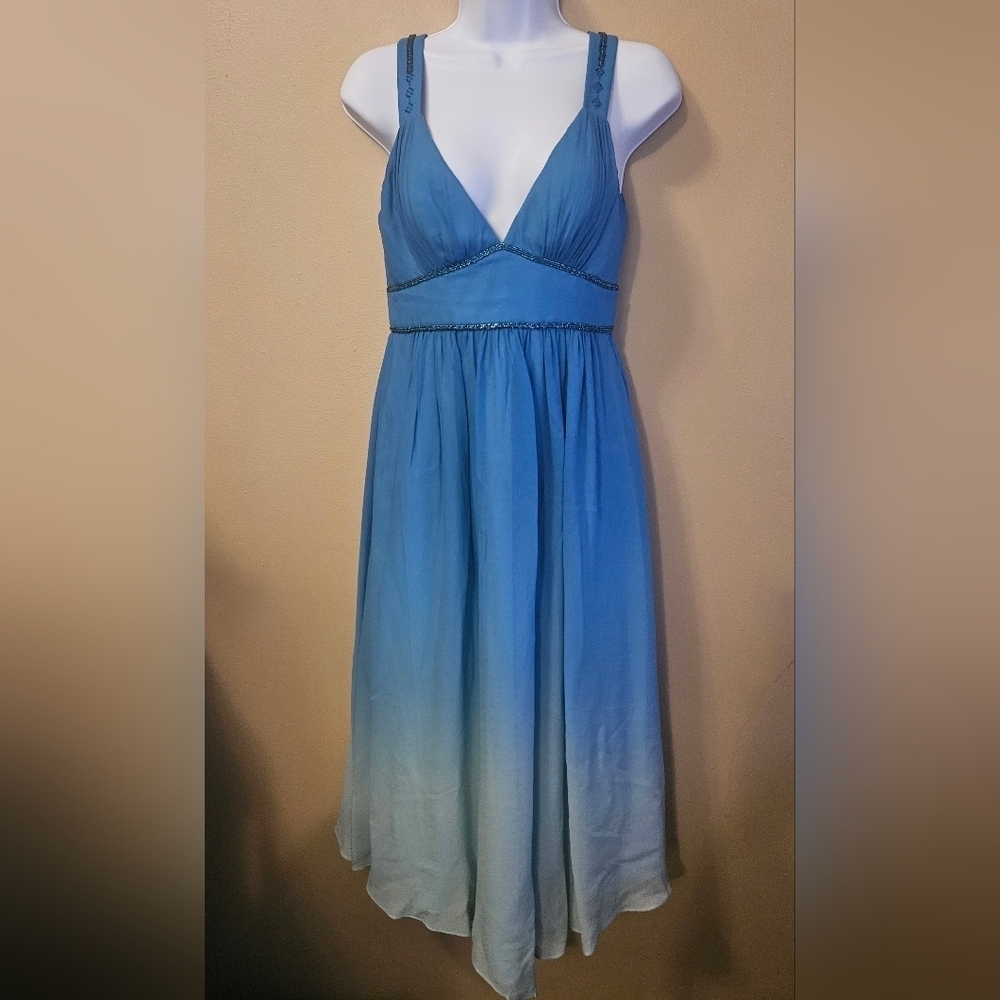 Max And Cleo Women's Size 4 Silk Ombre Blue Sleeveless Dress Beaded Empire Waist
